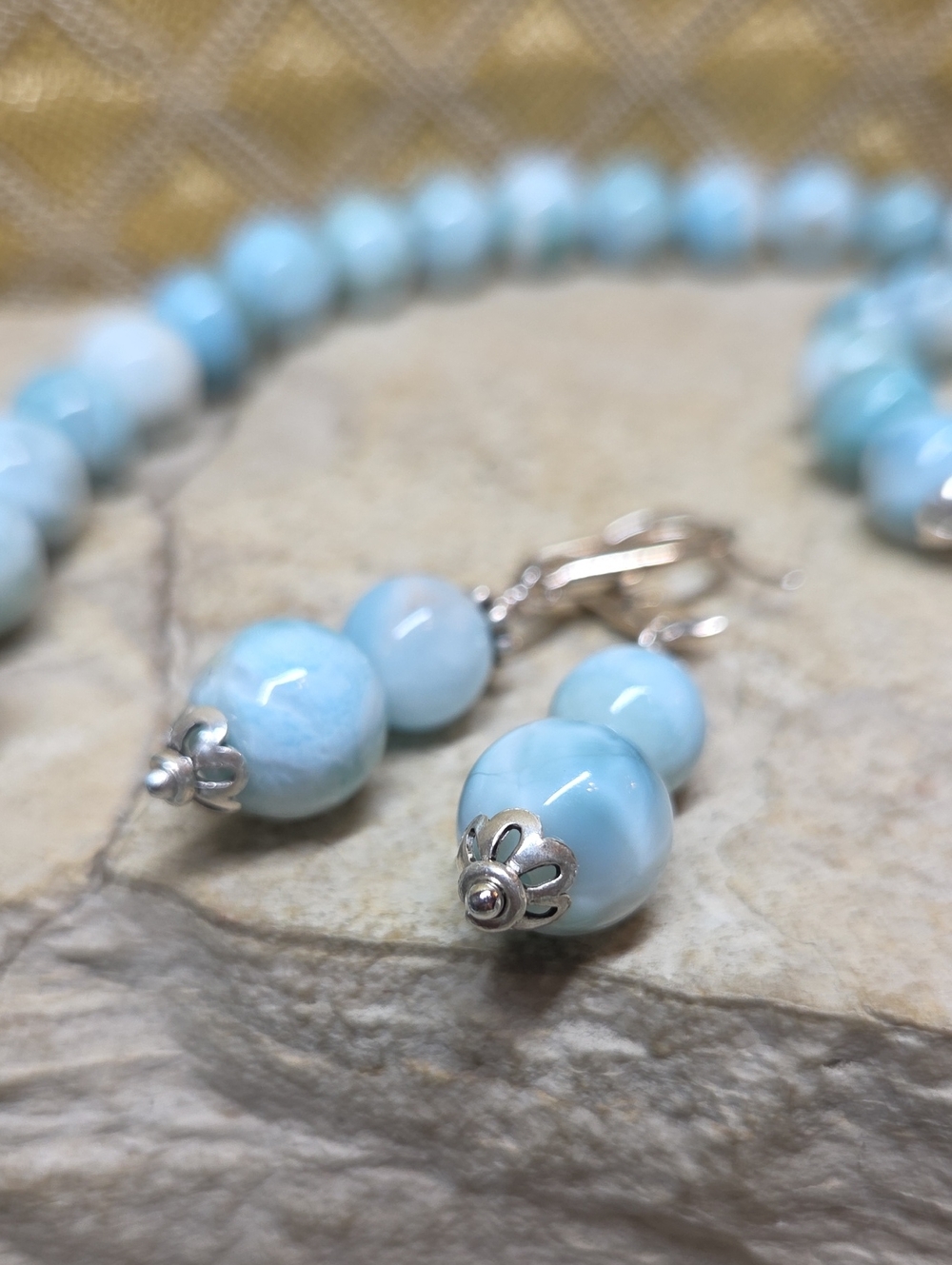 Sterling Silver Genuine Larimar Beaded Necklace and Earrings Set - Picture 11 of 12